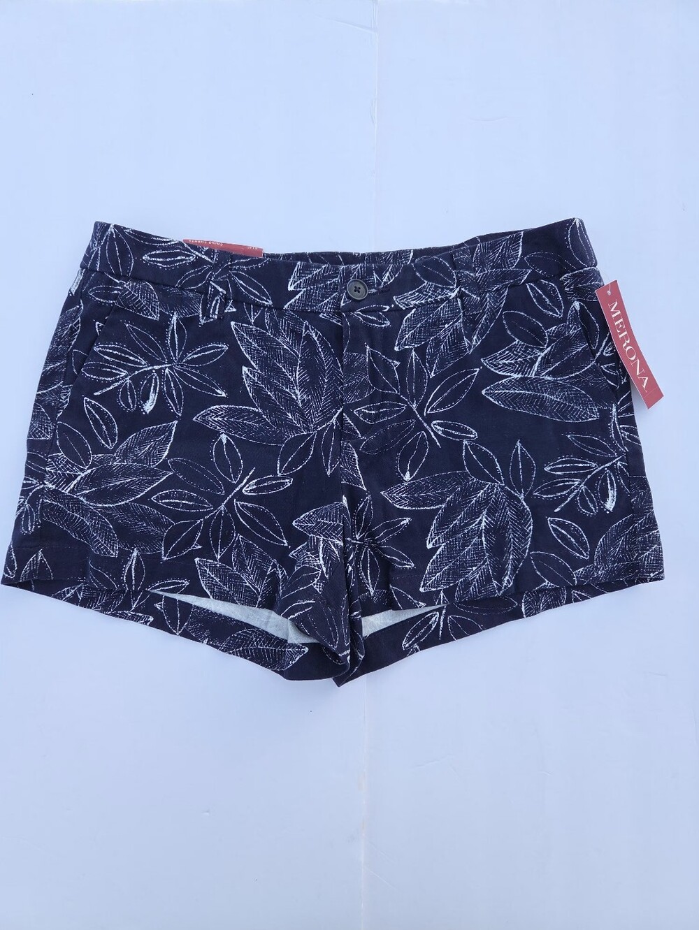 NWT Merona Chino Shorts Navy Blue Tropical Leaf Print 3" Inseam 100% Cotton Sz 6